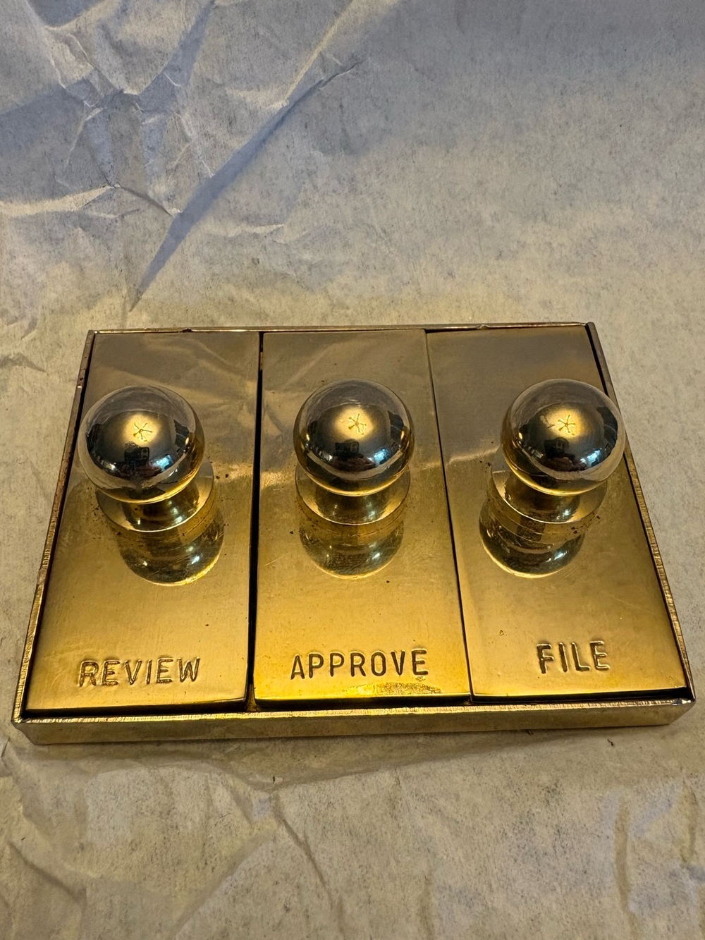 Vintage Brass Executive Desk Organizer File Review Approve Stamp Set